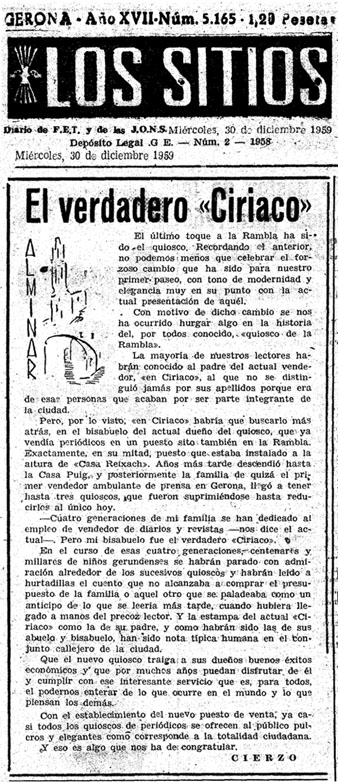 Article sobre 'En Ciriaco' del quiosc de la Rambla de la Llibertat