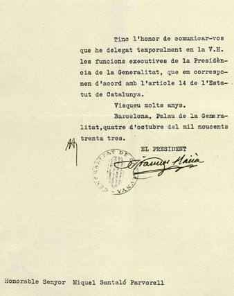 Francesc Maci&agrave; Lluss&agrave; a Miquel Santal&oacute; i Parvorell, des de Barcelona. 4 d'octubre de 1933. Delega temporalment les funcions executives de la Presid&egrave;ncia de la Generalitat