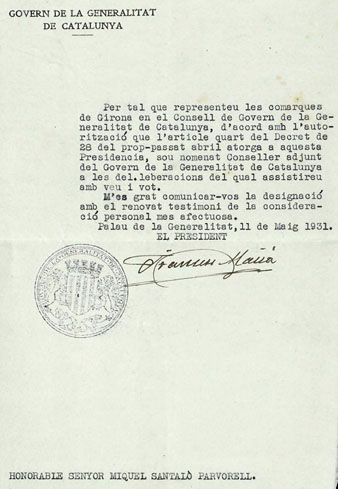 Francesc Maci&agrave; Lluss&agrave; a Miquel Santal&oacute; i Parvorell, des de Barcelona. 11 de maig de 1931. El nomena Conseller Adjunt de la Generalitat