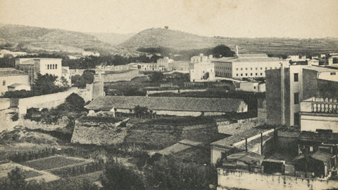 Vista des d'un punt elevat del baluard de Santa Clara i la muralla del Mercadal, al barri homònim. A la dreta, el convent de les Adoratrius. Al fons, la muntanya de les Pedreres. 1901