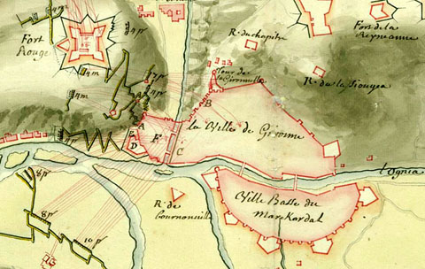 Detall de 'Plan des attaques de Gironne, depuis le 22 décembre que la tranchée a esté ouverte jusqu'au 23 janvier 1711 que la place s'est rendu'. Amb la lletra D s'indica el baluard de Sant Pere. 1711