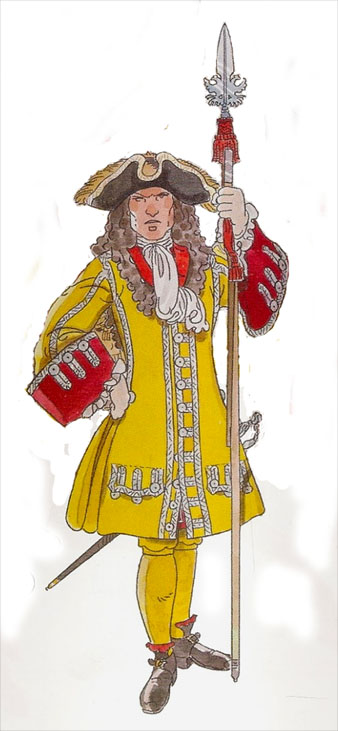 Capit&agrave; del Regiment de Reials Gu&agrave;rdies Catalanes (1705-1713). Dibuix de Francesc Riart