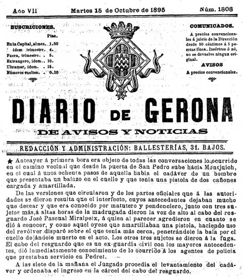 Notícia publicada al 'Diari de Gerona' del 15 d'octubre de 1895