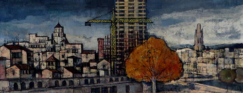 El pla Perpinyà en construcció des de la plaça del Mercat. 1968. Jesús Portas. Oli sobre tela