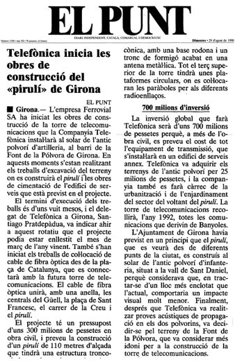 Notícia publicada al diari 'El Punt' el 29/08/1990