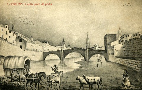 Pont i torre de Sant Francesc. A l'esquerra del riu, el campanar de les Bernardes i el de Santa Clara. També s'hi observa la muralla de l'Onyar. 1839