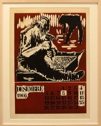 Full de calendari linogravat amb tem&agrave;tica d'oficis editat l'any 1966 per Josep M. Matabosch. Francesc Torres Mons&oacute;