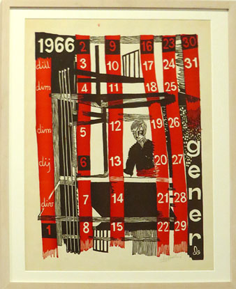 Full de calendari linogravat amb tem&agrave;tica d'oficis editat l'any 1966 per Josep M. Matabosch. Esther Boix