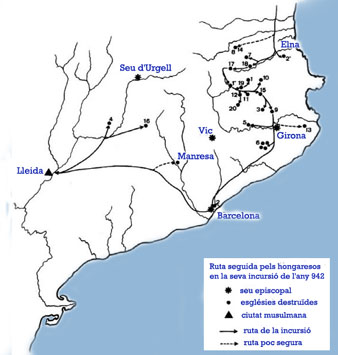 Ruta seguida pels hongaresos en la seva incursió del 942