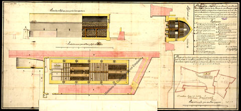 Plano, perfiles y elevacion de un almazen con boveda sensilla para repuesto de la polvera [sic] que se propone colocar en el fuerte de Capuchinos, el mas distante de los de ella, entre la muralla de su rezinto actual y porcion de una antigua. 1739