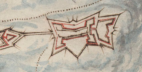 Pl&agrave:nol del fort de Caputxins. Detall de 'Plan de l'enceinte fortifi&eacuute;e de Gironne'. 1710