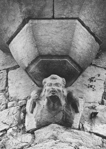 Relleu de cap sota la garita de la muralla de les Pedreres. Probablement formava part d'algun detall escultòric de l'antic convent de la Mercè. 1985