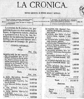 Subscripció a favor de les vídues de Ferrándiz i Bellés, i altres condemnats pel Consell de Guerra