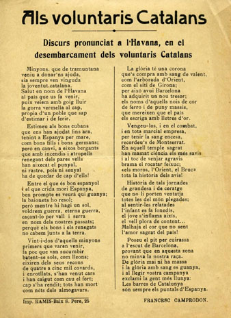 Als voluntaris catalans: discurs de Francesc Camprodon i Safont. 1869