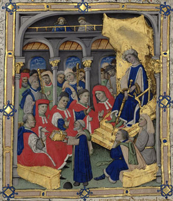 La reina Maria de Castella (1401-1458), esposa d'Alfons el Magnànim, en una ilólustració dels 'Comentaris dels Usatges de Barcelona', acabada el 1448