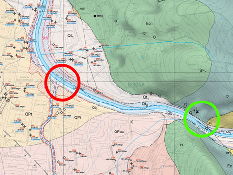 Mapa geològic de la zona amb les dues localitzacions del Pontem Fretum: a lesquerra, la tradicional i, a la dreta, la nova