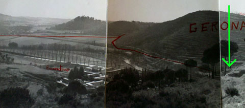 Límits entre Girona i Sant Daniel, vistos des de les Pedreres, el 1961. La fletxa indica la proposta dubicació del pont, que queda amagat