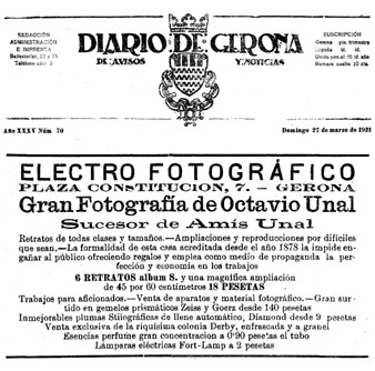 Anunci de l'estudi fotogr&agrave;fic d'Octavi Unal, situat a l'actual pla&ccedil;a del Vi