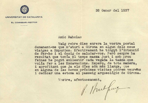 Carta de Pere Bosch Gimpera a Carles Rahola Llorens sobre la idea d'un Passeig Arqueològic. 1937