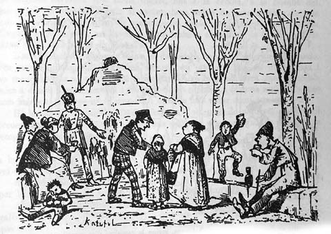 La revetlla de Sant Joan vora les fonts, a Girona, segons la capçalera d'un ventall vuitcentista