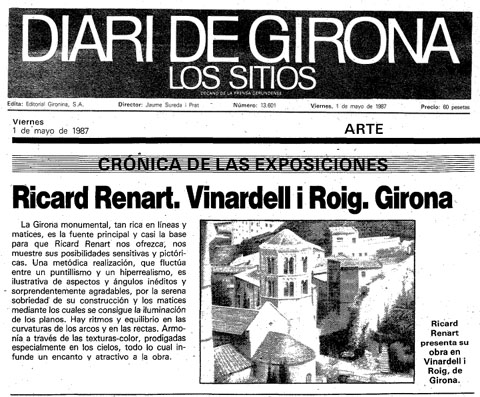 Cr&ograve;nica de l'exposici&oacute; de Ricard Renart, publicada al diari 'Los Sitios de Gerona' l'1/5/1987
