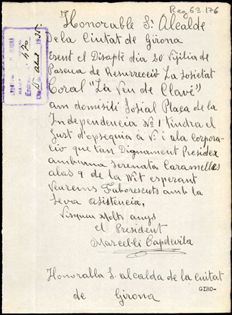 Carta de la Societat Coral La Veu de Clav&eacute; de Girona a l'Ajuntament de Girona. Es convida la corporaci&oacute; a una cantada de Caramelles. 1935