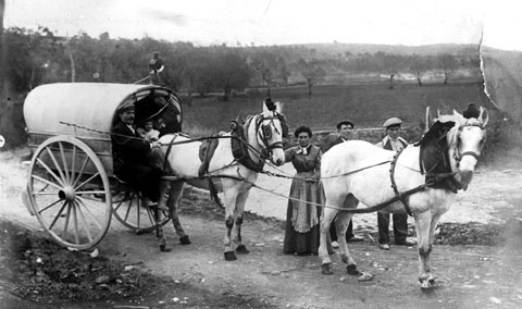Tartana de Carles Boschdemont, el transportista que feia la línia de Sant Jaume de Llierca a Girona passant per Banyoles. 1907