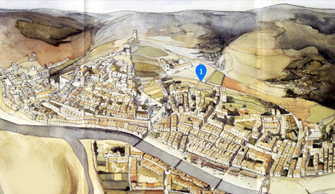 Girona, 1285-1360. S'hi indica el carrer de la Polleria de St. Martí, un tram de l'actual carrer del Portal Nou