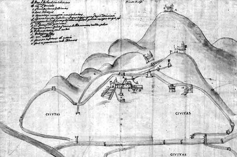 Plànol de Joan Cisterna (segle XVI o XVII), que detalla el subministrament daigua des de la mina del Calvari fins a les fonts de la plaça dels Lledoners i de la Mare de Déu de la Pera