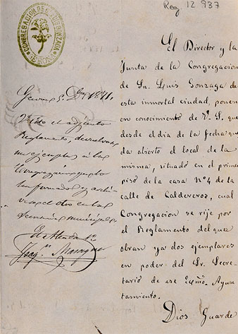 Carta de la Congregació de Sant Lluís Gonzaga de Girona (secretari: José Franquet Serra) a l'Ajuntament de Girona. Es comunica que aviat s'obrirà el local de l'entitat ubicat al carrer Calderers. 1871