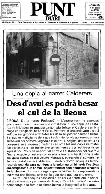 Notícia de la instal·lació de la rèplica del Cul de la Lleona al carrer dels Calderers. Article publicat al diari 'El Punt' el 4/1/1986