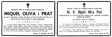 Esqueles per la mort de Miquel Oliva i Prat. Publicades al diari 'Los Sitios de Gerona' el 19/10/1974