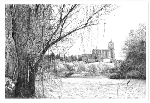 El Ter al seu pas per Pedret. Dibuix de Pere Matas