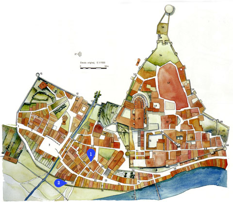 El sector nord-est de la ciutat de Girona el 1535. S'hi destaca: 1) Carrer de Sant Narcís. 2) Portal del camí del balaurd