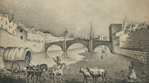 Vista del riu Onyar amb el pont de Sant Francesc a la part central i la torre homònima. A l'esquerra del riu, el campanar de les Bernardes i el de Santa Clara. A la dreta, el de Sant Feliu, la torre de Sant Francesc i la Catedral. També s'observa la muralla del riu