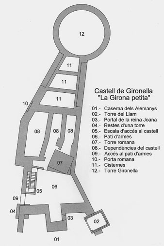 Planta del castell de Gironella, amb les dependències i estructures de quan es va construir