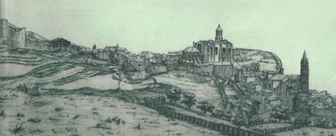 Dibuix de Girona, des del nord. A l'esquerra s'observa la Torre Gironella