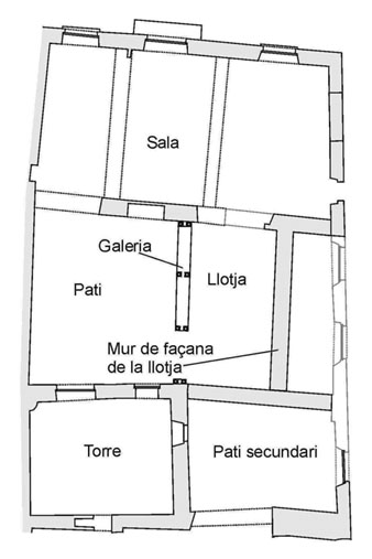 Plànol esquemàtic de la planta principal de la casa de Joan Gerald (segle XIV) a partir de les estructures conservades