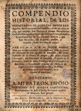 Portada de Compendio Historial de los hermitaños de nvestro padre San Agustín... de Josep Massot i Muntaner, 1699