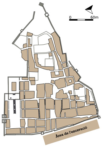 Plànol de Gerunda, en el que s'indica la situació de l'àrea d'excavació