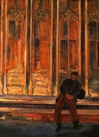 Porta dels Apòstols amb personatge. Oli de Mercè Ferré