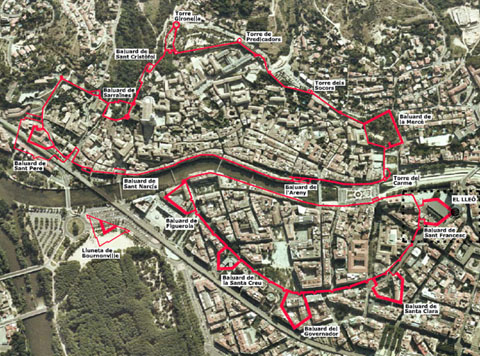 Plànol dels principals elements de les muralles de Girona