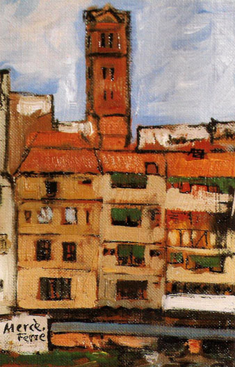 La Torre de les Aigües vista des de la Rambla de la Llibertat. Pintura de Mercè Ferré