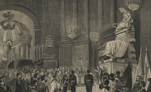 Cerimònia per a la inhumació de les restes del general Álvarez de Castro, celebrada a l'església de Sant Feliu. 1880