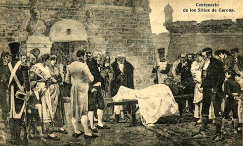 Reproducció de la pintura 'El poble de Figueras davant del cadàver d'Álvarez', obra de Vicente Nicolau Cotanda. 1909