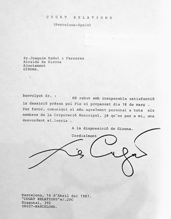 Carta d'agra&iuml;ment de Cugat a l'Ajuntament de Girona per haver-lo nomenat pregoner de les Fires de Sant Narc&iacute;s de 1986