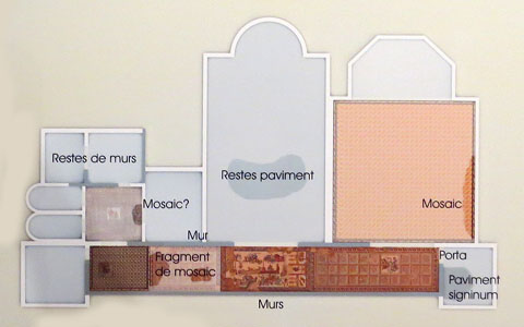Planta de la disposici&oacute; dels mosaics i de la proposta d'estucturaci&oacute; de l'entorn, on es marquen els elements arqueol&ograve;gics coneguts