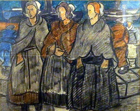 Pescadores d'Ondarroa. Rafael Barradas. Ca. 1925-1926. Llapis negre i de colors sobre paper