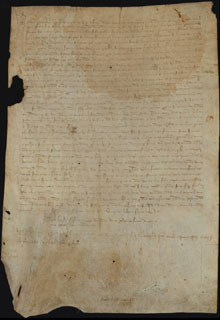 1393, agost 13. Venda. Francesc de Déu, de Sant Iscle d'Empordà, ven a Guillem de Déu, de Matajudaica, una feixa de terra als Pinyols d'Ullastret, pel preu de 30 sous malgoresos, equivalents als barcelonesos de tern, a reserva dels drets de domini directe del comte Joan I d'Empúries (+ 1398) que subscriu en senyoria