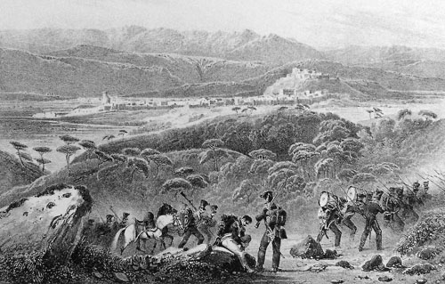 Vue d'Hostalrich prise des hauteurs de Massanes. Passage de l'arm&eacute;e Fran&ccedil;aise